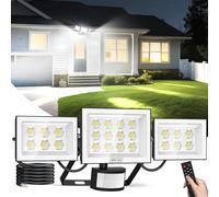 Viugreum Projecteur LED 100W avec Détecteur de Mouvement, Projecteur LED Extérieur 10000LM avec Télécommande, Spot à Trois Têtes 6500K pour Extérieur, IP66 Résistant à l'eau, Garage, Patio