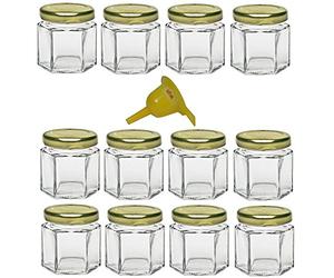Viva Haushaltswaren G1060047/12/X Lot de 12 Mini Pots de Confiture avec Couvercle doré 47 ML + Entonnoir
