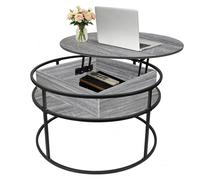VIVOLILV 2 en 1 Table Basse Relevable Ronde 80x80 cm,Grise Effet Marbre avec Rangement Caché,Multifonctionnelle pour Salon
