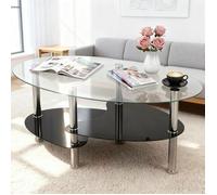 VIVOLILV Table basse ovale en verre,Avec 2 étagères pour Salle,,Table Salon Moderne 90 x 50 x 42 cm, Transparente,Noir