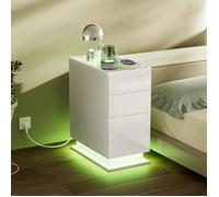 VIVOLILV Table de chevet étroite avec 3 tiroirs - Chevet haute brillance avec prise et LED - Blanc - 30 x 50 x 63cm