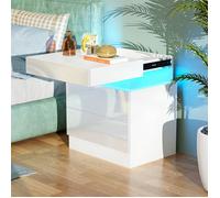 VIVOLILV Table de chevet Haute Brillance avec LED Lumières- 2 Tiroirs et Rangement à coulissante supérieur - 40x35x52 cm - Blanc