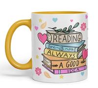 Vixar Reading is Always a Good Idea Tasse en céramique colorée 330 ml pour le travail, le bureau, le thé, le café (G jaune)