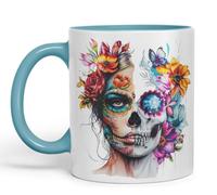 Vixar Tasse avec motif tête de mort florale - Motif artistique jour des morts - Tasse colorée bohème V1 (noir)