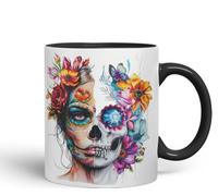 Vixar Tasse avec motif tête de mort florale - Motif artistique jour des morts - Tasse colorée bohème V1 (rose)