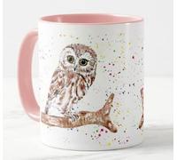 Vixar Tasse colorée motif chouette britannique peinte à la main - Cadeau d'anniversaire, travail, bureau, Noël, thé, café (rose)