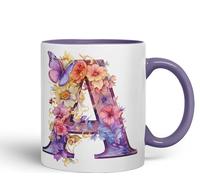 Vixar Tasse en céramique colorée avec lettre A, motif floral, papillon, lettre A, monogramme aquarelle, pour thé, café, infusion chaude, 330 ml, cadeau (violet)