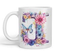 Vixar Tasse en céramique colorée avec lettre J, motif floral, papillon, lettre J, monogramme aquarelle, pour thé, café, infusion chaude, 330 ml, cadeau (blanc)
