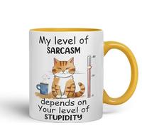 Vixar Tasse en céramique colorée My Level of Sarcasm Depends on Your Level of Stupidity Cat Blague pour thé, café, infusion chaude, 330 ml (G Jaune)