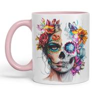 Vixar Tasse motif tête de mort florale - motif artistique jour des morts - tasse colorée bohème V1 (rose)