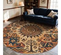 VIXENIUM Tapis Rond Africain Salon Chambre 180 cm de Diamètre | Motif Tribal Marron Ethnique, Antidérapant, Lavable, Poil Ras, Doux Carpet, Decoration, Moquette, Paillassons