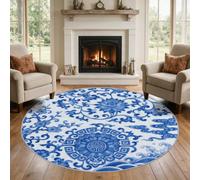 VIXENIUM Tapis Rond Bleu Et Blanc Salon Chambre 180 cm de Diamètre | Motif Chinois Ethnique Oriental, Antidérapant, Lavable, Poil Ras, Doux Carpet, Decoration, Moquette, Paillassons