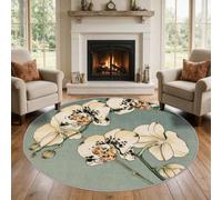 VIXENIUM Tapis Rond Chinois Salon Chambre 180 cm de Diamètre | Motif Orchidée Fleur Asiatique, Antidérapant, Lavable, Poil Ras, Doux Carpet, Decoration, Moquette, Paillassons