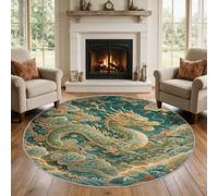 VIXENIUM Tapis Rond Dragon Salon Chambre 180 cm de Diamètre | Motif Fantasy Animaux Chinois Japonais, Antidérapant, Lavable, Poil Ras, Doux Carpet, Decoration, Moquette, Paillassons