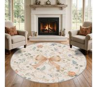 VIXENIUM Tapis Rond Fille Salon Chambre 180 cm de Diamètre | Motif Nœud Fleur Feuille Cottage, Antidérapant, Lavable, Poil Ras, Doux Carpet, Decoration, Moquette, Paillassons