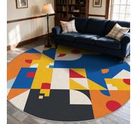 VIXENIUM Tapis Rond Géométrique Salon Chambre 180 cm de Diamètre | Motif Bauhaus Retro Abstrait, Antidérapant, Lavable, Poil Ras, Doux Carpet, Decoration, Moquette, Paillassons