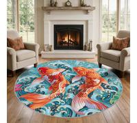VIXENIUM Tapis Rond Koï Salon Chambre 180 cm de Diamètre | Motif Oriental Asiatique Poisson Japon, Antidérapant, Lavable, Poil Ras, Doux Carpet, Decoration, Moquette, Paillassons