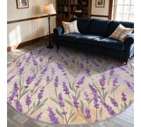 VIXENIUM Tapis Rond Lavande Salon Chambre 180 cm de Diamètre | Motif Fleur Violet, Antidérapant, Lavable, Poil Ras, Doux Carpet, Decoration, Moquette, Paillassons