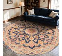 VIXENIUM Tapis Rond Mandala Salon Chambre 180 cm de Diamètre | Motif Rustique Fleur Ethnique, Antidérapant, Lavable, Poil Ras, Doux Carpet, Decoration, Moquette, Paillassons