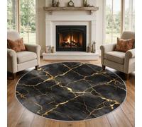 VIXENIUM Tapis Rond Marbre Salon Chambre 180 cm de Diamètre | Motif Noir Dore Moderne, Antidérapant, Lavable, Poil Ras, Doux Carpet, Decoration, Moquette, Paillassons