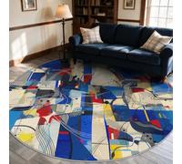 VIXENIUM Tapis Rond Moderne Salon Chambre 180 cm de Diamètre | Motif Abstrait Bleu Gris, Antidérapant, Lavable, Poil Ras, Doux Carpet, Decoration, Moquette, Paillassons
