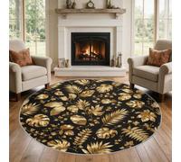 VIXENIUM Tapis Rond Monstera Palmier Salon Chambre 180 cm de Diamètre | Motif Feuille Noir Dore, Antidérapant, Lavable, Poil Ras, Doux Carpet, Decoration, Moquette, Paillassons