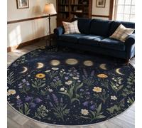 VIXENIUM Tapis Rond Mystique Salon Chambre 180 cm de Diamètre | Motif Lune Fleur Herbe, Antidérapant, Lavable, Poil Ras, Doux Carpet, Decoration, Moquette, Paillassons