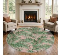 VIXENIUM Tapis Rond Palmier Salon Chambre 180 cm de Diamètre | Motif Feuille Tropical Vert Rose, Antidérapant, Lavable, Poil Ras, Doux Carpet, Decoration, Moquette, Paillassons