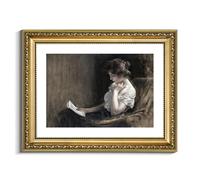VIYYIEA Impression sur toile encadrée dorée - Portrait - Femme assise en train de lire - Art vintage - Esthétique - Femme du milieu du siècle - Impression élégante - Peinture à l'huile pour chambre à