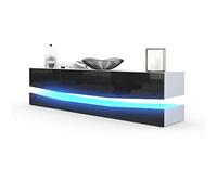 Vladon Buffet Bas City, Meuble TV avec Socle, 1 Compartiment Ouvert et 3 tiroirs, Blanc Mat/Noir Haute Brillance, éclairage LED Inclus (178 x Variable x 39 cm)