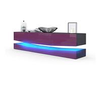 Vladon Buffet Bas City, Meuble TV avec Socle, 1 Compartiment Ouvert et 3 tiroirs, Noir Haute Brillance/Mûre Haute Brillance, éclairage LED Inclus (178 x Variable x 39 cm)