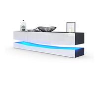 Vladon Buffet Bas City, Meuble TV avec Socle, 1 Compartiment Ouvert et 3 tiroirs, Noir Mat/Blanc Haute Brillance, éclairage LED Inclus (178 x Variable x 39 cm)