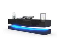 Vladon Buffet Bas City, Meuble TV avec Socle, 1 Compartiment Ouvert et 3 tiroirs, Noir Mat/Noir Haute Brillance, éclairage LED Inclus (178 x Variable x 39 cm)
