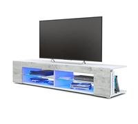 Vladon Buffet Bas Movie, Meuble TV avec 4 Compartiments Ouverts et placages décoratifs, Blanc Mat/Aspect Béton Oxyde, éclairage LED Bleu Inclus (134 x 29 x 39 cm)