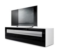 Vladon Buffet Bas Valencia, Meuble TV avec 1 Compartiment Ouvert et 2 clapets, Blanc Mat/Noir Haute Brillance/Noir Haute Brillance (155 x 46 x 40 cm)