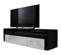 Vladon Buffet Bas Valencia, Meuble TV avec 1 Compartiment Ouvert et 2 clapets, Noir Mat/Aspect béton oxyde/Noir Haute Brillance (155 x 46 x 40 cm)