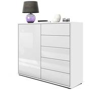 Vladon Buffet Ben V2, Commode avec 1 Portes et 5 tiroirs, Blanc Mat/Blanc Haute Brillance (79 x 74 x 36 cm)