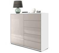 Vladon Buffet Ben V2, Commode avec 1 Portes et 5 tiroirs, Blanc Mat/Gris Sable Haute Brillance (79 x 74 x 36 cm)