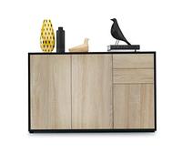 Vladon Buffet Ben V3, Commode avec 3 Portes et 2 tiroirs, Noir Mat/Chêne Brut (117 x 74 x 36 cm)