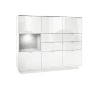 Vladon Buffet haut Armoire Metro V2 en Blanc haute brillance, façades en Blanc haute brillance avec une insertion en Aspect Béton