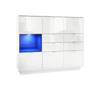 Vladon Buffet haut Armoire Metro V2 en Blanc haute brillance - Façades en Blanc haute brillance avec une insertion en Noir haute