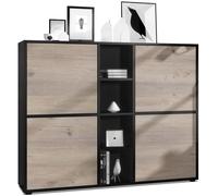 Vladon Buffet haut Cuba V3 avec 12 compartiments, caisson en noir mat - Façades en Chêne Nordique