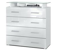 Vladon Buffet Pavos V2, Commode avec 4 tiroirs et mini-étagère en verre, blanc mat/blanc haute brillance (76 x 81 x 35 cm)