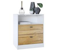 Vladon Buffet Pino V1, Table de Chevet avec 2 tiroirs & 1 Compartiment Ouvert,Blanche Mat/Chêne Nature avec éclairage LED RVB (56 x 67,5 x 36 cm)