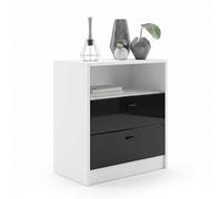 Vladon Buffet Pino V1, Table de Chevet avec 2 tiroirs & 1 Compartiment Ouvert,Blanche Mat/Noir Haute Brillance sans LED (56 x 67,5 x 36 cm)