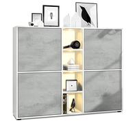 Vladon Highboard Cuba V3, Blanc Mat/Aspect béton oxyde y Compris LED - Buffet Moderne à 12 Compartiments (130,5 x 105,5 x 35,5 cm)