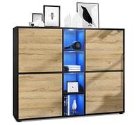 Vladon Highboard Cuba V3, Noir Mat/chêne Nature y Compris LED - Buffet Moderne à 12 Compartiments (130,5 x 105,5 x 35,5 cm)