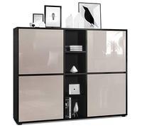 Vladon Highboard Cuba V3, Noir Mat/Gris Sable Haute Brillance - Buffet Moderne à 12 Compartiments (130,5 x 105,5 x 35,5 cm)