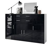 Vladon Le Buffet Haut Aron bahut avec 2 tiroirs et 4 Portes avec Un Total de 8 Compartiments derrière, Blanc Mat/Noir Haute Brillance (166,5 x 106,5 x 35 cm)