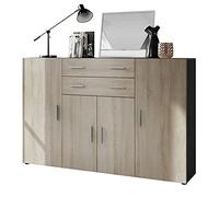Vladon Le Buffet Haut Aron bahut avec 2 tiroirs et 4 Portes avec Un Total de 8 Compartiments derrière, Anthracite Mat/chêne Brut (166,5 x 106,5 x 35 cm)